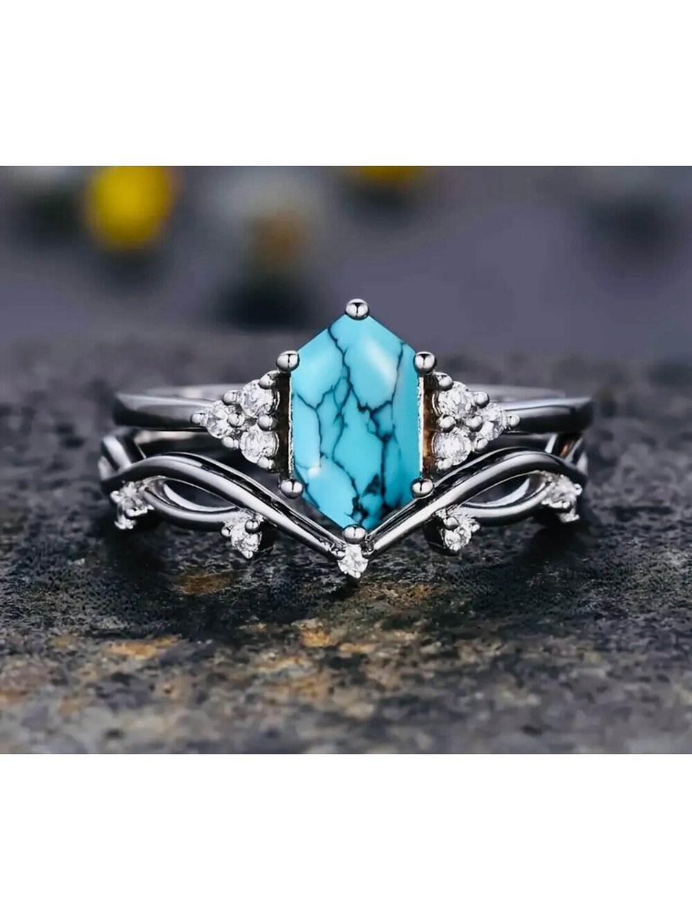 New - Engagement Style - Elegant Turquoise with Zircon accents Ring Set - Size 7